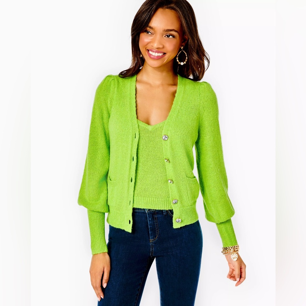 NWT LILLY PULITZER Angeli Cardigan Sweater Green Fresh Citrus Wool Blend XXS